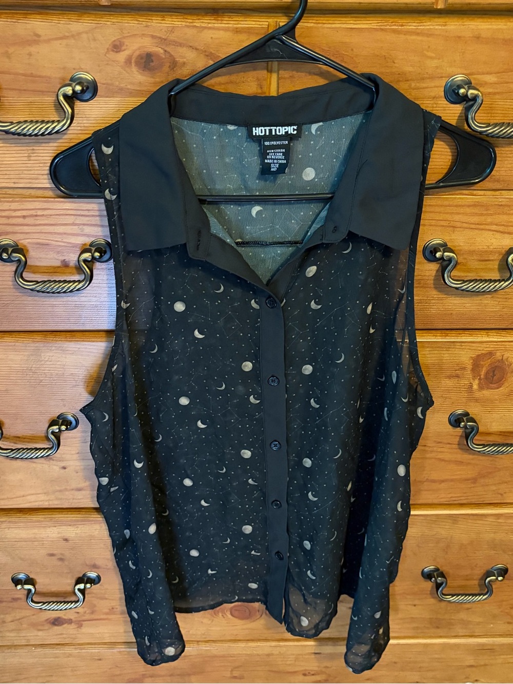 Hot Topic Black Sheer Moon & Star Button-Up Blouse